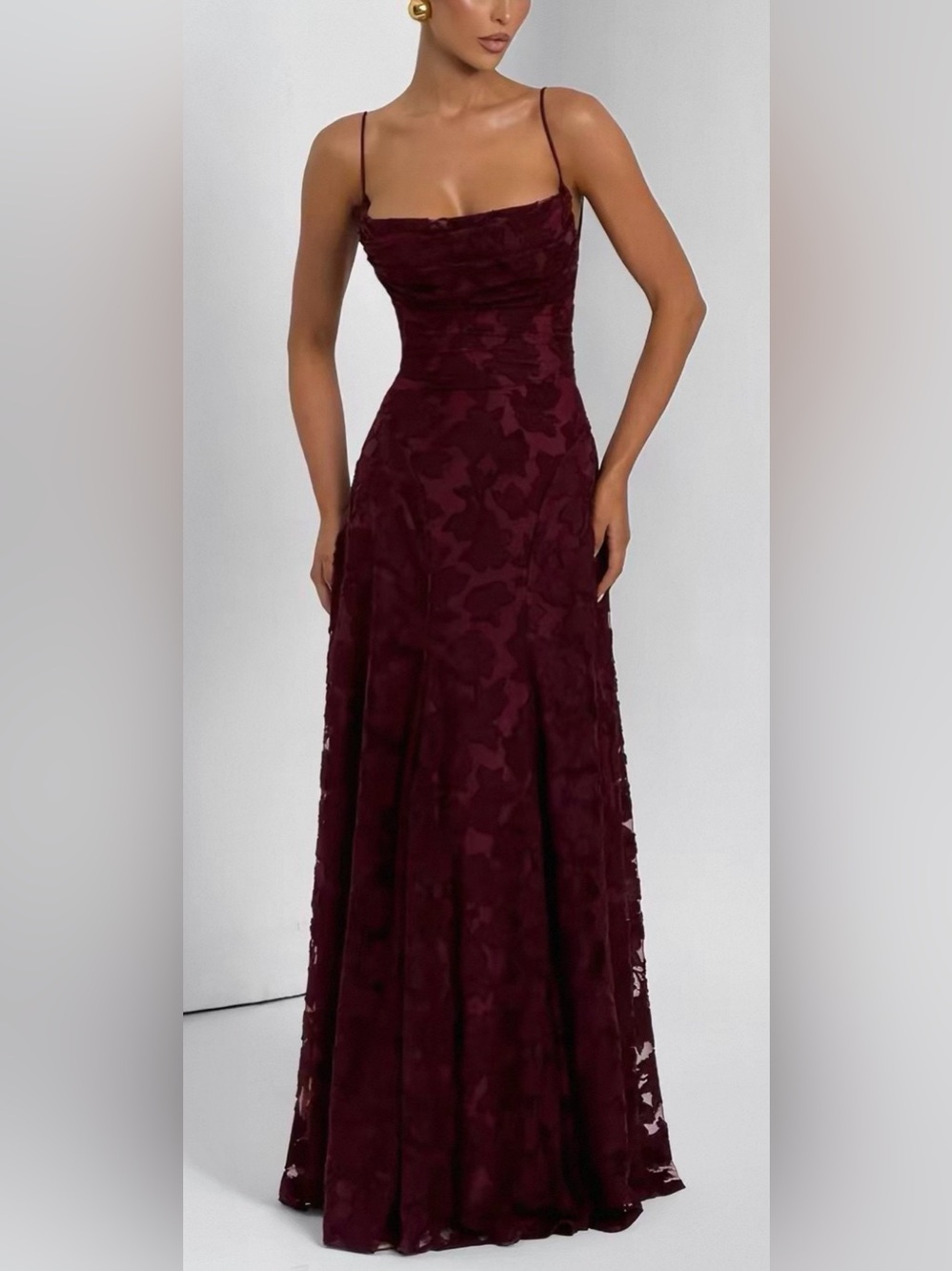 Burgundy Floral Burnout Lace-Up Back Maxi Dress M NWT